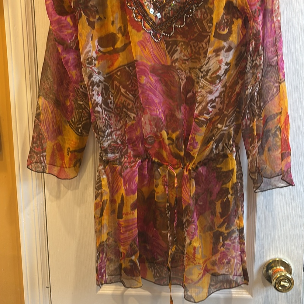 Sheer Floral Sequin-Trim Swim Coverup - Pink & Mustard - Picture 2 of 7